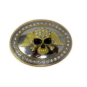 Vintage Skull Winged Rhinestone Large Carroo Belt Buckle Gold Silver Streetwear